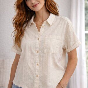 MYSTREE Cream Textured Stripe Button Front Shirt | Collared Short Sleeve NWT